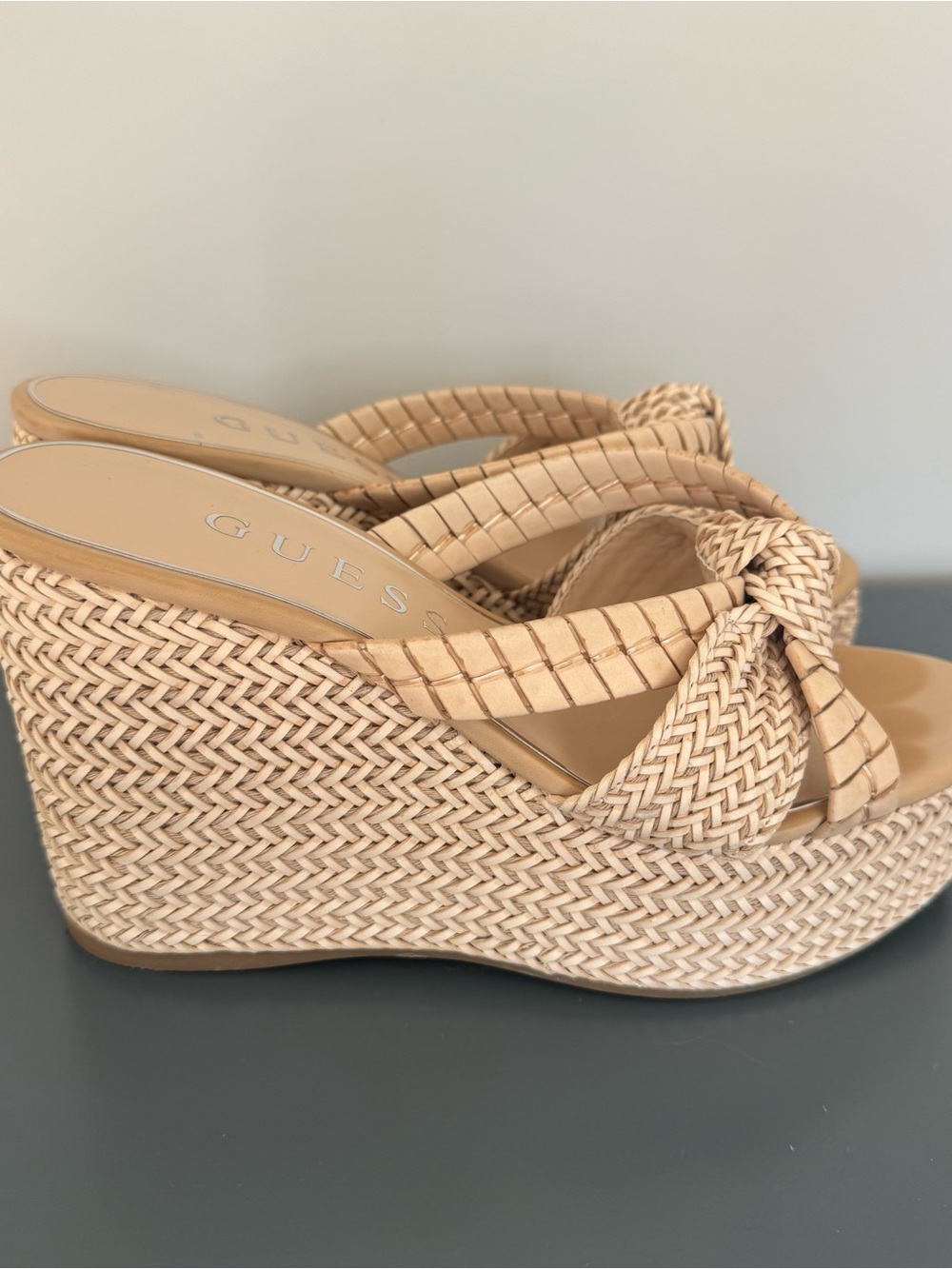 GUESS Eveh Nude Woven Knot Strap Platform Wedge Sandals